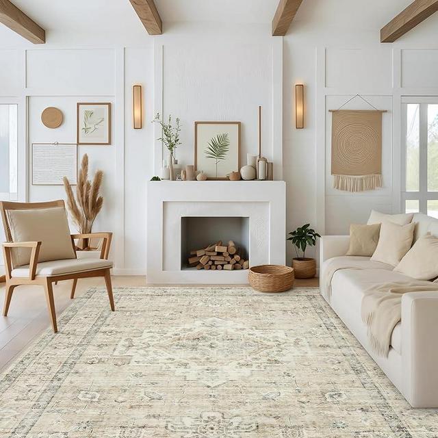 LIVEBOX Washable Beige Area Rugs for Bedroom 8x10, Non Slip Neutral Area Rugs for Living Room, Vintage Boho Floral Rug Print Distressed Farmhouse Rug for Dining Room Conference Room Office