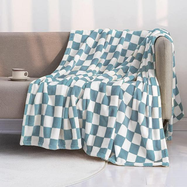 LOMAO Throw Blankets Flannel Blanket with Checkerboard Grid Pattern Soft Throw Blanket for Couch, Bed, Sofa Luxurious Warm and Cozy for All Seasons (Light Blue, 60"x80")