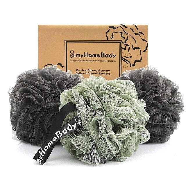 Large 70g Loofah Sponge, Body Scrubber, Bath Sponge, Luxury Loofah for Women, Men | Gentle Exfoliating Sponge - Body Wash Shower Pouf with Activated Charcoal - Lots of Lather for Bath, Shower, 3 Pack