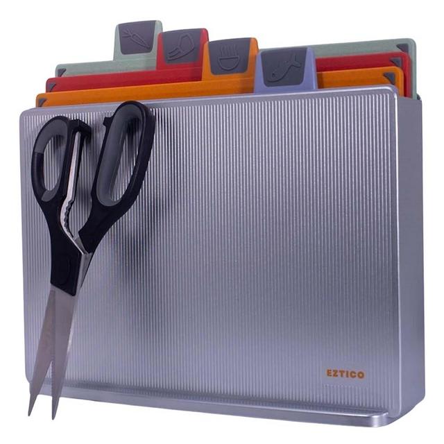EZTICO 4-Piece Non-Toxic Cutting Board Set with Premium Scissors and Holder (Tall Silver)