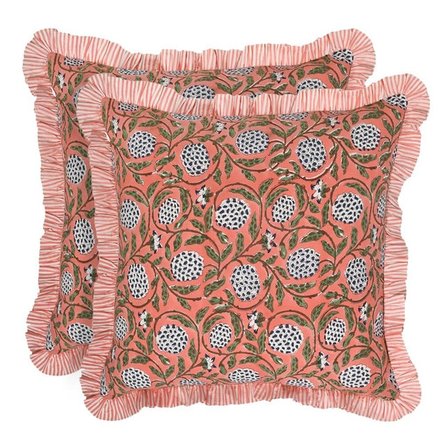 Ridhi Modern Farmhouse Pillow Covers Decorative Cotton Throw Pillow Covers Set of 2 Dark Salmon Pink Cushion Covers with Ruffle for Couch Sofa Bed Living Room Spring Home Decor 20x20