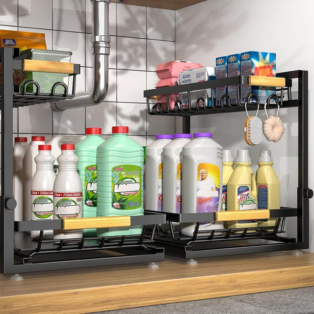 Sevenblue 2 Packs Under Sink Organizer, Height Adjustable 2 Tier Under Kitchen Sink Organizer, Multi-Purpose Storage Shelf for Kitchen Bathroom Cabinet (Black, Extra Large)