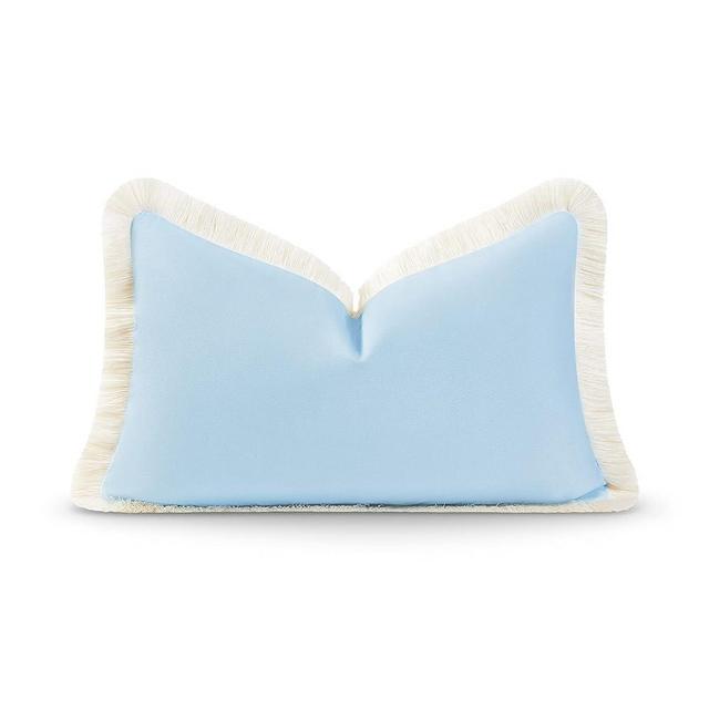 Hofdeco Premium Coastal Hampton Style Patio Indoor Outdoor Lumbar Pillow Cover Only, 12"x20" Water Resistant for Backyard, Couch, Solid Baby Blue Fringe