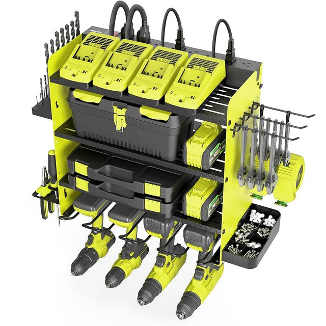 ZEAKOC Power Tool Organizer with Charging Station, 4 Layers Drill Holder Wall Mount,Metal Garage Rack with 10A Power Strip,Tool Shelves with Hooks,Drill Bit Storage, for Men Dad (Green&Black)