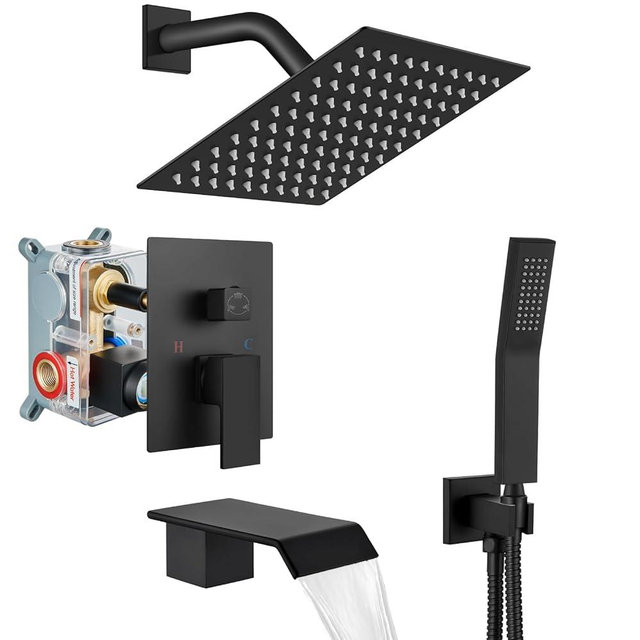 Cinwiny Shower System with Tub Spout Wall Mount Tub Shower Faucet Set Complete with Handheld Spray 3 Function Rough-In Valve Included,8 Inch Rainfall Shower Head,Matte Black