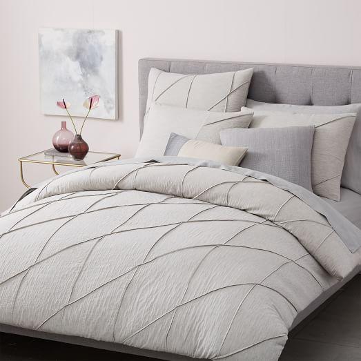 King Organic Pleated Grid Duvet Cover - Ligh Gray