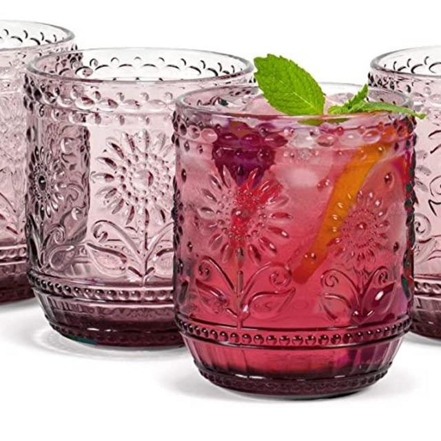 Vintage Botanist Drinking Glass Set, Luxurious Floral Embossed Decorative Purple Glassware, Set of 4, 4-inch, 12 oz