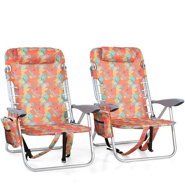 ALPHA CAMP Backpack Beach Chairs Set of 2 with Cooler Bag 4 Position Classic Lay Flat Folding Beach Chair with Backpack Straps Support 250LBS,Camo