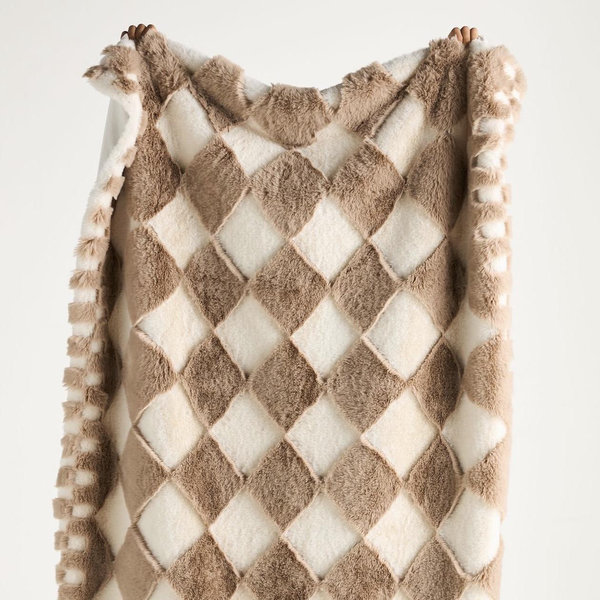 Chella Checkered Faux Fur Throw Blanket - Ivory