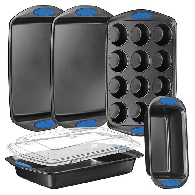 NutriChef 6-Piece Baking Pan Set - PFOA, PFOS, PTFE Free Flexible Nonstick Gray Coating Carbon Steel Bakeware - Professional Home Kitchen Bake Cookie Sheet Stackable Tray w/ Blue Silicone Handles