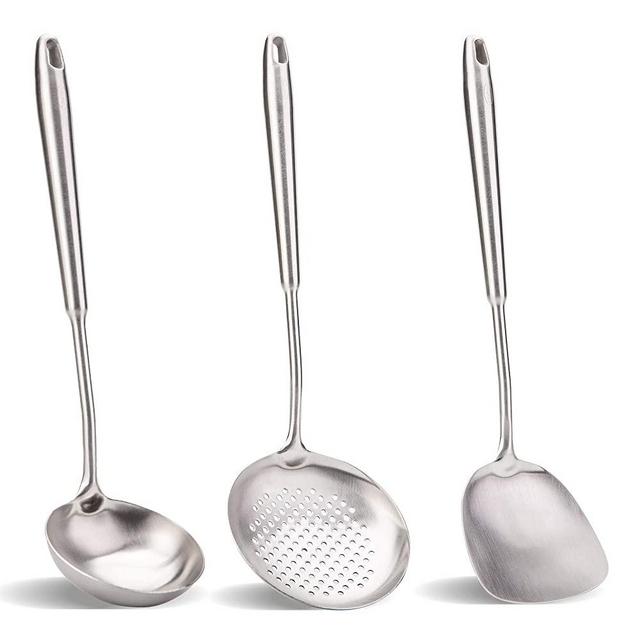 Wok spatula and ladle,Skimmer Ladle Tool Set, Chinese Wok Utensil Set, All metal 304 Stainless Steel Cooking Utensils（15in,15in,14in)