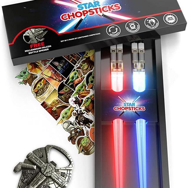 STAR CHOPSTICKS | FREE BOTTLE OPENER & STICKERS | 2 PAIRS DARK BOX | Lightsaber Chopsticks | Star Wars Gifts and Toys for Kids | LED Light Up Reusable Safe Chopstick