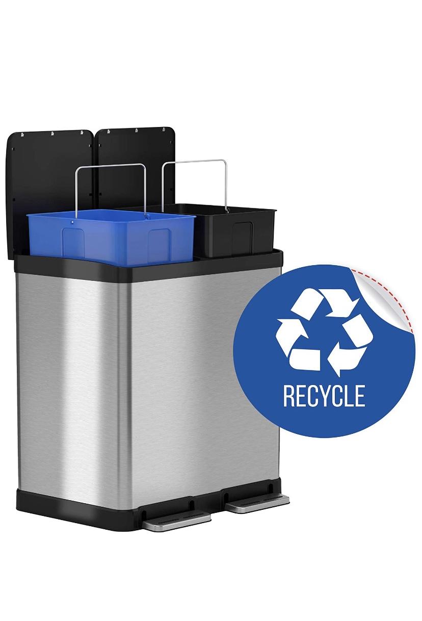 iTouchless 16 Gallon Dual Step Trash Can & Recycle Bin Stainless Steel 2 x 8 Gallon (30L) Removable Buckets with Handles, Soft-Close and Airtight – Recycle Decal Included, Silver 16 Gal
