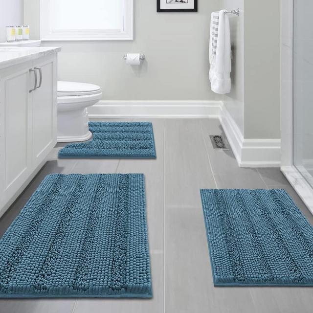 H.VERSAILTEX 3 Piece Bathroom Rugs Sets Thick Striped Bath Rugs Set for Bathroom Non Slip Soft Absorbent Bath Mat Set for Tub, Shower and Toilet(17''x24''+20''x32''+20''x24'' U-Shaped, Turquoise Blue)
