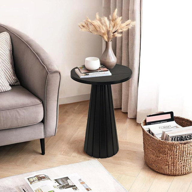 COVLON Fluted Round Wooden Drink Side Table, Small Pedestal End Table, Plant Stand for Small Space, Living Room, Bedroom, Office (Black)