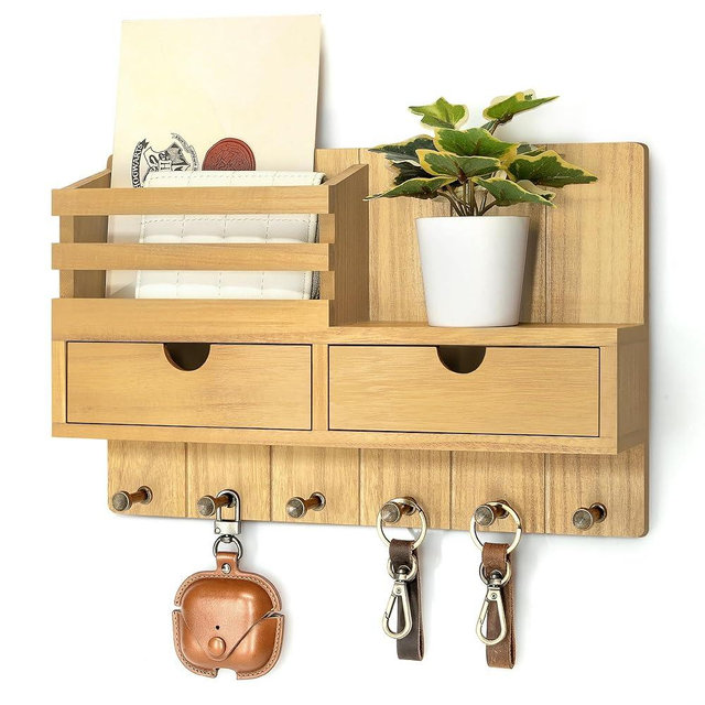 Rebee Vision Modern Farmhouse Key Holder Wall Mount with 2 Drawer Organizer - Mail Holder for Wall with 6 Key Hooks - Ideal for Entryway, Kitchen, and Living Room Decor (Light Brown)
