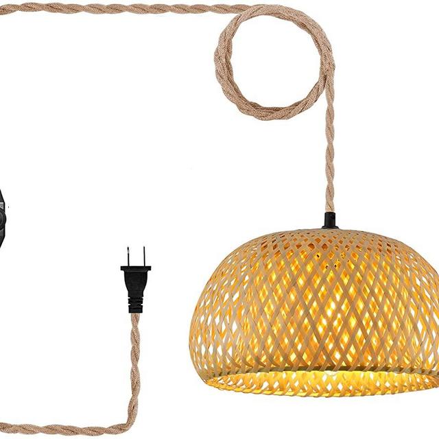 Plug in Pendant Light Hanging Lamp with Switch 13.8ft Hemp Rope Cord Bamboo Lampshade Wicker Rattan Hanging Lights Fixture with Plug in Cord for Living Room Bedroom(Include Bulb)