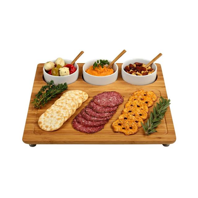 Picnic at Ascot Entertainer Bamboo Cheese Board Platter with 3 Ceramic Bowls