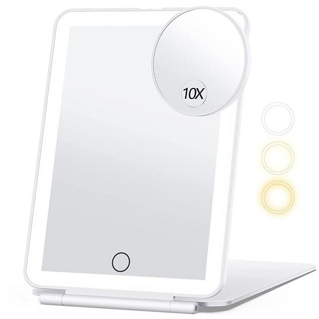 Travel Makeup Mirror with 10X Magnifying Mirror, Vanity Mirror with 80LEDs, 3 Color Lighting, Rechargeable 2000mAh Batteries, Portable Ultra Slim Lighted Makeup Mirror, Travel Essentials for Women
