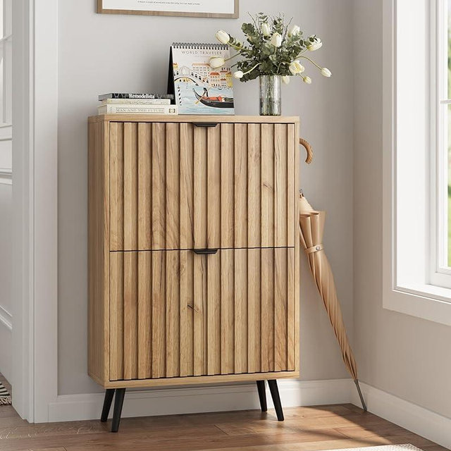 Shoe Storage Cabinet, Fluted Shoe Cabinet Storage for Entryway, Hidden Shoe Cabinet with Metal Legs,Shoe Organizer Cabinet with Flip Doors, Slim Entryway Shoe Storage Cabinet,Natural Wood-23.5in