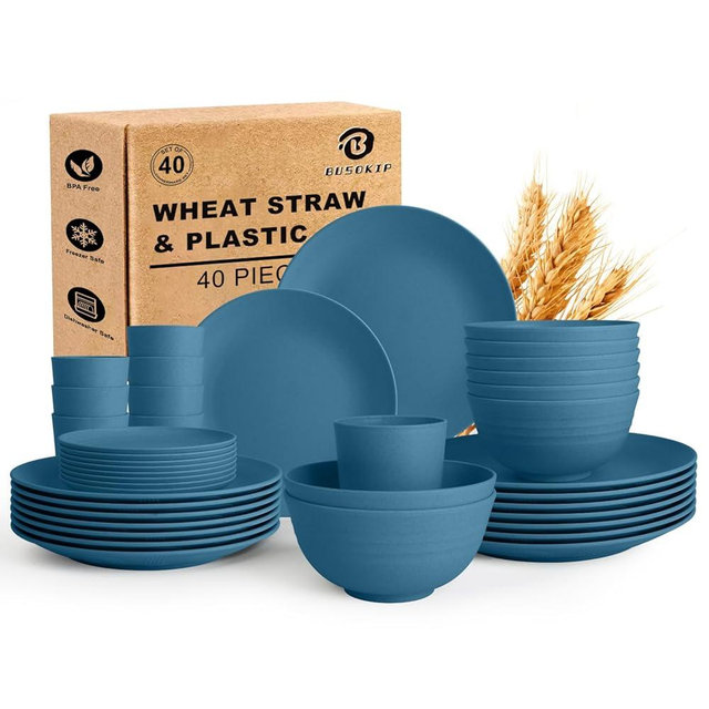 BUSOKIP Wheat Straw Dishes Set 40 PCS, Unbreakable Dinnerware Set of 8 - Dinner Plates, Cereal Bowls, Water Cup, Lightweight, Reusable, Microwave & Dishwasher Safe Bowls for Kitchen and Outdoor - Blue