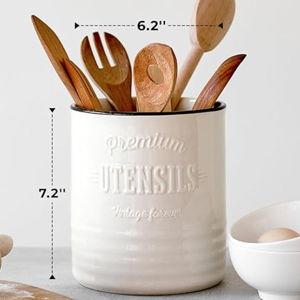 DOWAN 7.2″ Extra Large Kitchen Utensil Holder, Farmhouse Utensil Holder for Countertop, Ceramic Utensil Crock with Protection Cork Mat, Utensil Organizer for Kitchen Decor & Housewarming Gift, White
