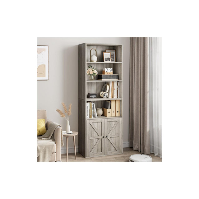 Bookcase with Doors Industrial Bookshelf 11.8in Depth Display Storage Shelves 71.4in Tall Farmhouse Bookcases Wood 6 Shelf Bookshelvels