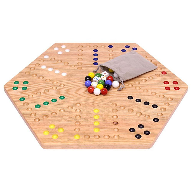 AmishToyBox.com Wahoo Marble Game Board Set - 20" Wide - Solid Oak Wood - Double-Sided - with Large 18mm Marbles and Dice Included