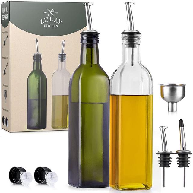 (2 pack) Zulay 17oz Olive Oil Dispenser Bottle For Kitchen - Glass Olive Oil Bottles With 2 Spouts, 2 Removable Corks, 2 Caps, & 1 Funnel - Oil Bottle For Kitchen & Storing Liquids