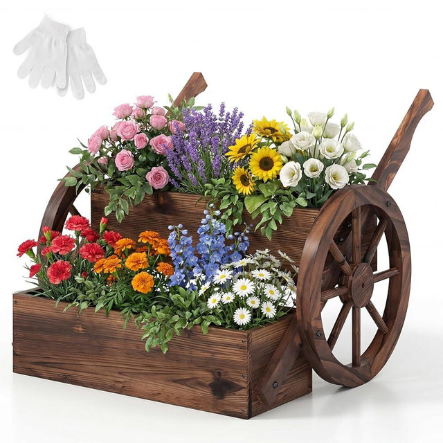 Giantex Wooden Wagon Planter Box, Rustic Garden Planter with Wheels, Handles & Drainage Holes for Flowers Herbs Vegetables, Indoor Outdoor Decorative Flower Cart for Patio Balcony (1)