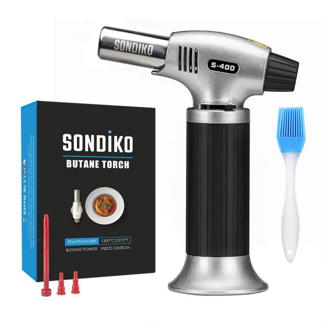 Sondiko Butane Torch, Refillable Kitchen Torch Lighter, Fit All Butane Tanks Blow Torch with Safety Lock and Adjustable Flame for Desserts, Creme Brulee, BBQ, and Baking—Butane Gas Is Not Included