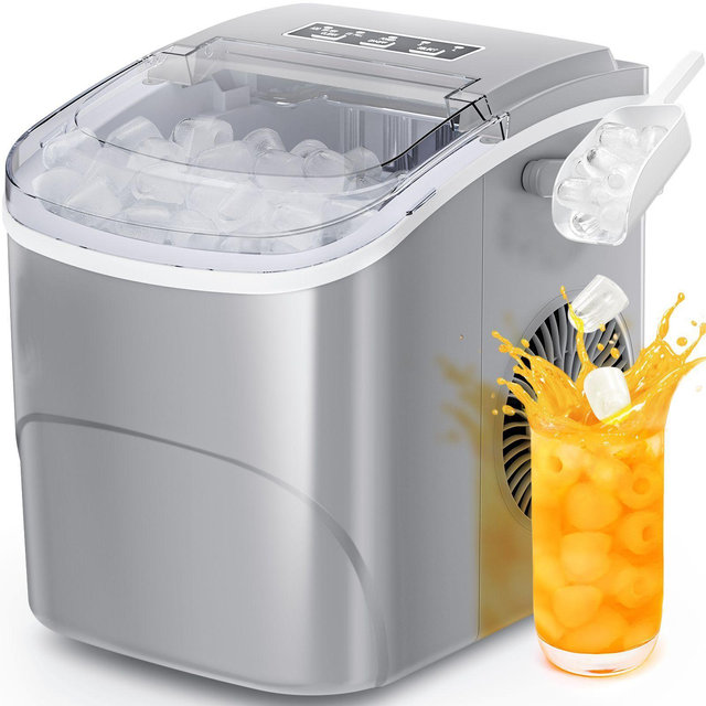 R.W.FLAME Ice Makers Countertop with Handle,26.5Lbs/24H,9 Cubes in 6 Mins,2 Sizes of Bullet Ice,Portable Ice Maker Machine with Self-Cleaning,grey