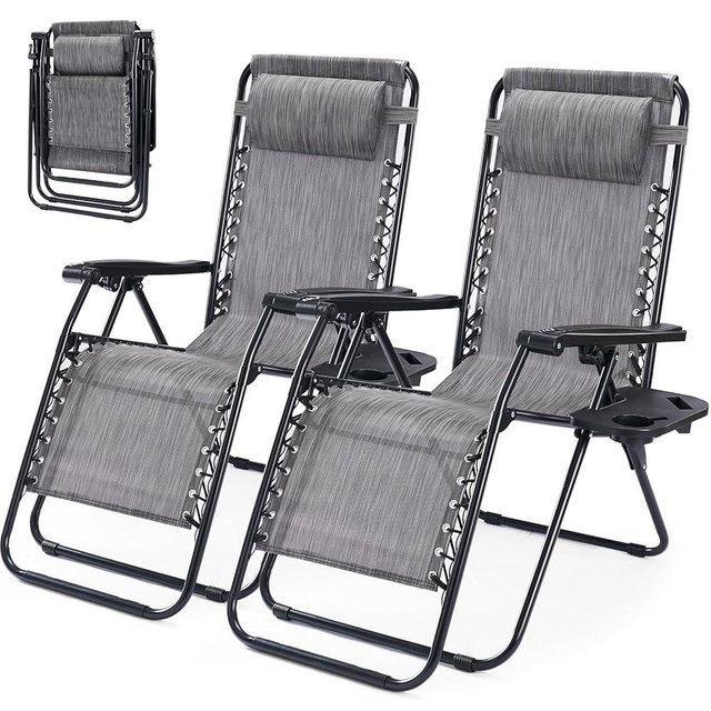 NEWBULIG Zero Gravity Chair Set of 2, Lounge Chair Folding Portable Adjustable Camping Reclining Chairs with Adjustable Pollow, Mesh Back, Cup Holder Trays Lawn Patio Chair for Pool Beach
