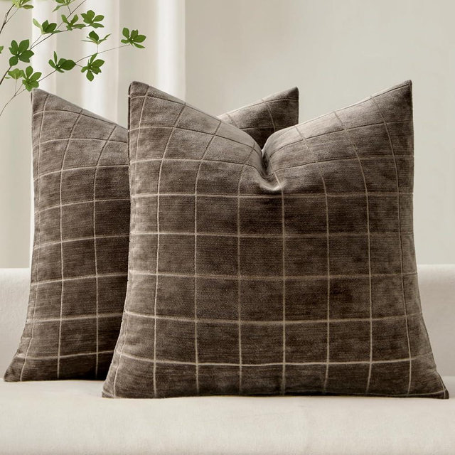 MIULEE Decorative Chenille Check Throw Pillow Covers Vintage Plaid Couch Pillows 18x18 Inch Set of 2 Neutral Boho Farmhouse Cushion Covers Modern Home Decor for Sofa Bed Living Room Brown