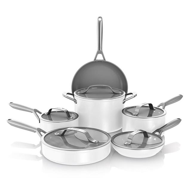Ninja NeverStick Ceramic Pro 11-Piece Cookware Set, Non-Stick Pots and Pans, Glass Lids, Ceramic Coated, Stainless Steel, Stove to Oven Safe, All Stovetops, Induction Compatible, White, CW39011WH
