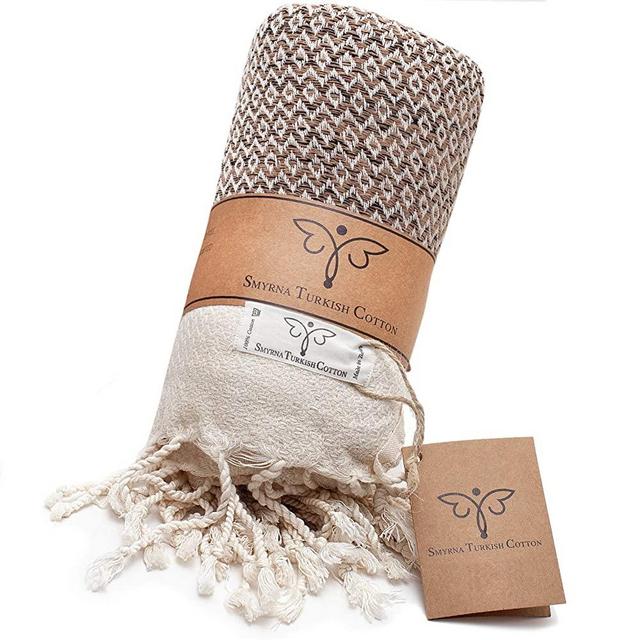 Smyrna Original Turkish Throw Blanket | 100% Cotton, 60 x 80 Inches | Vintage Decorative Boho Throw Blankets for Couch, Sofa, Bed, Farmhouse and Home Decor | Lightweight and Soft (Latte, 60"x80")