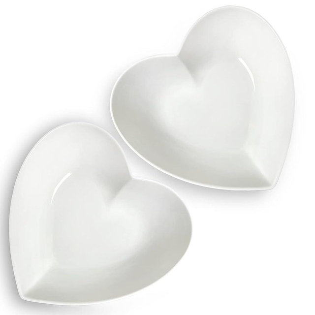 Keponbee Large Porcelain Heart Bowls White Deep Heart Shaped Plates for Salad/Fruit/Pasta or Baking Heart Cake, 10 Inch, 2pcs