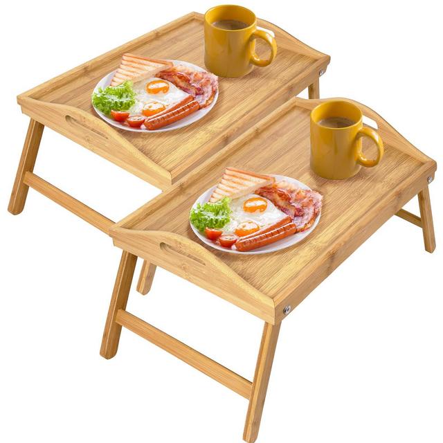 Greenco Bed Tray Table with Foldable Legs, Set of 2 Breakfast Trays with Handles, Eating, Working, Laptop or Snacking | 100% Natural Bamboo for Strength and Beauty | 17.75" L x 12" W