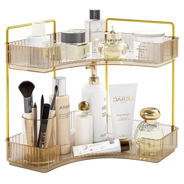 Fixwal Corner Bathroom Counter Organizer, 2 Tier Transparent Countertop Storage for Cosmetics, Skincare, Perfume, Makeup Organizer for Vanity, Spice Rack for Kitchen (Amber)
