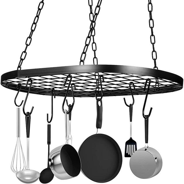 20 Inch Hanging Pot Rack for Ceiling with Hooks Oval (Black)