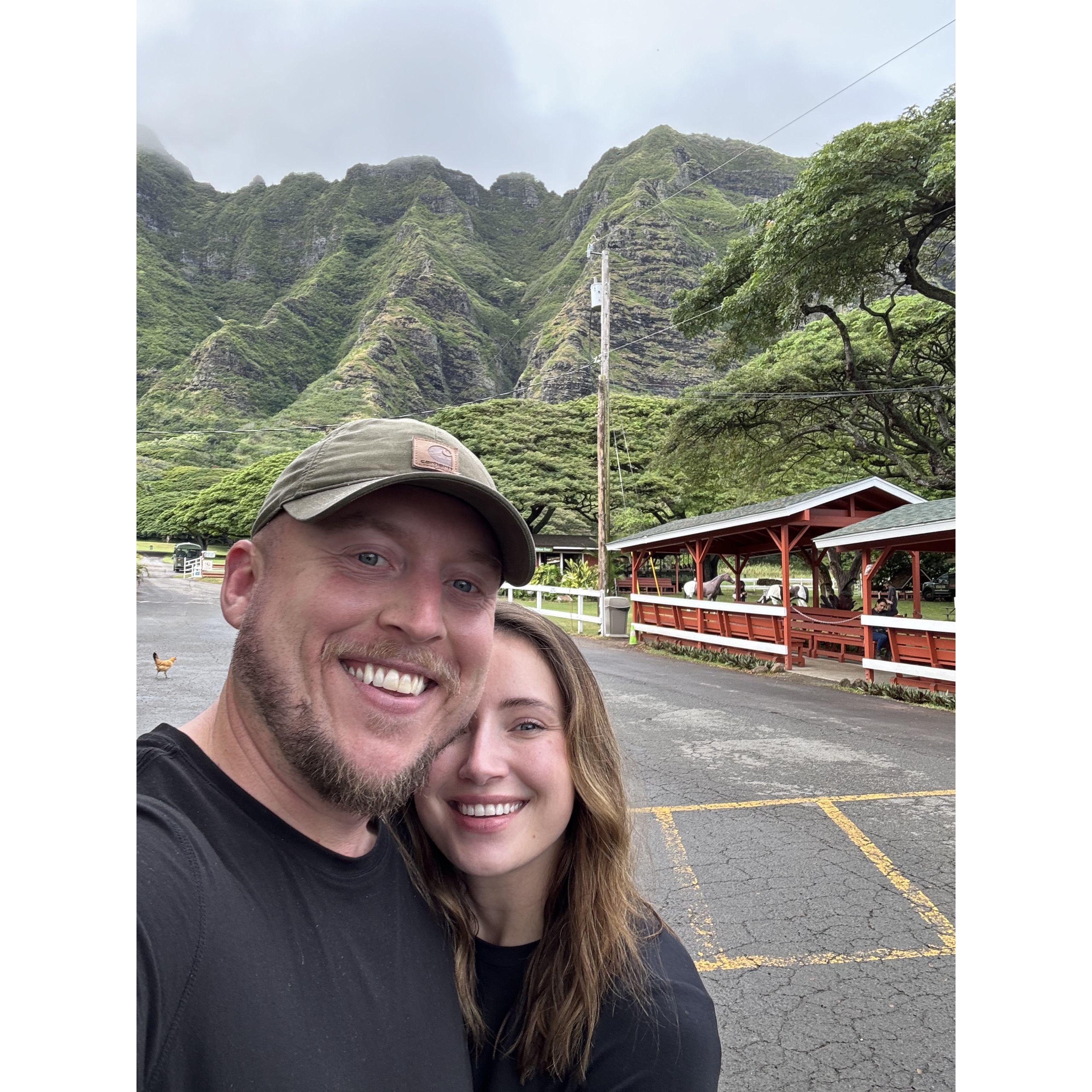 Kualoa Ranch on Oahu. Horseback trip through the beautiful rainforest where Lost was filmed (one of our favorite shows). A few days before Connor's surprise proposal on Kauai.
