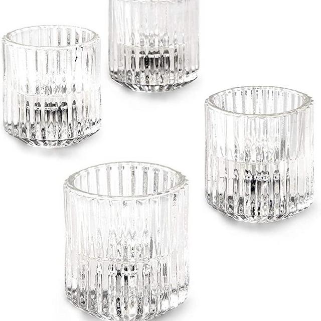 Set of 4 Clear Ribbed Tea Light Holders