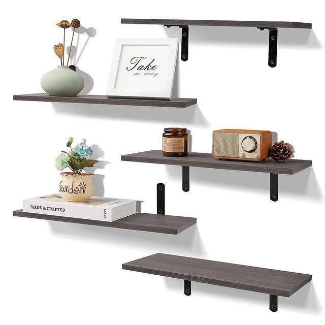 upsimples Floating Shelves for Wall Decor Storage, Wall Mounted Shelves Set of 5, Sturdy Small Wood Shelves with Metal Brackets Hanging for Bedroom, Living Room, Bathroom, Kitchen, Book, Gray