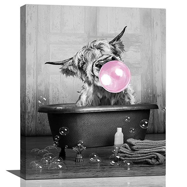 Canvas Wall Art Highland Cow Pink Bubble Gum Canvas Print Black And White Painting Bathtub Wall Decor Funny Artworks Home Decor For Bathroom Living Room Bedroom Framed Ready To Hang 16x20 Inch