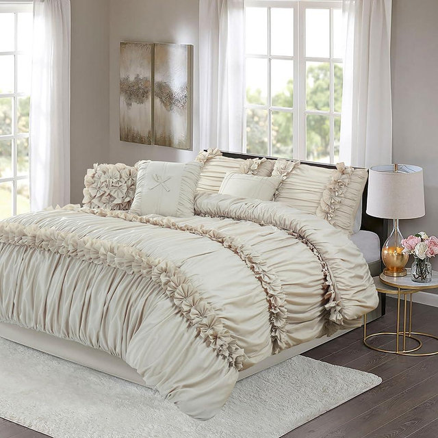 Homechoice Decor 7 Pieces Elegant French Country Bed in a Bag, Camel Handmade Bow Tie Fluffy Bed Comforter with Down Alternative Filling, Vintage Ruched Bed Sets for Bedroom, King (LQ-33)