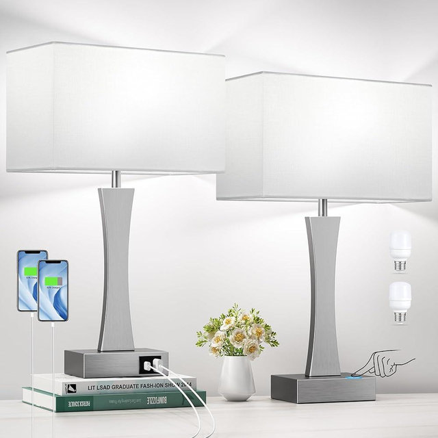Bedside Lamps for Night Stands - 3 Way Dimmable Table Lamp for Bedroom with USB C+A Ports,Modern Bedside Lamps Set of 2, Touch Lamps for Nightstands(Silver)