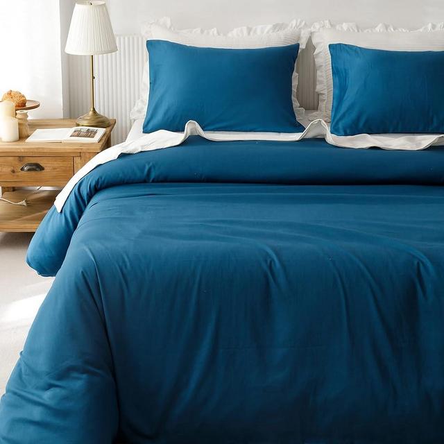 HeimenAogo Egyptian Cotton Duvet Cover King Size Sateen Weave, Silky Soft and Breathable Bedding Set with Zipper Closure, Long Staple Cotton Bed Linen Deep Water Blue 3Pcs