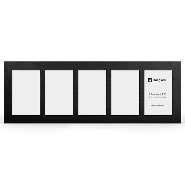 Hongkee 4x6 Oak Wood Picture Frame Collage, Real Glass and Solid Wooden Frames, Display 5 4x6 Picture Frame - Horizontal or Vertical Wall Mounting(1Pack, Black)