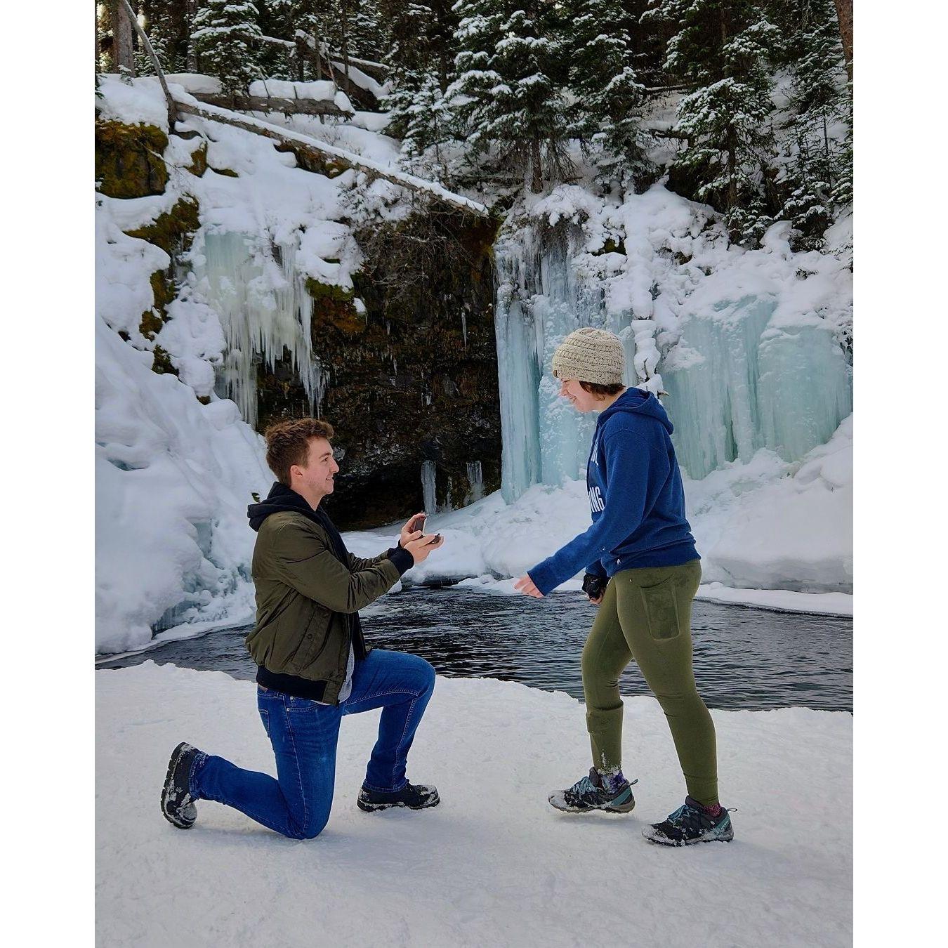 Posed proposal at Grotto Falls