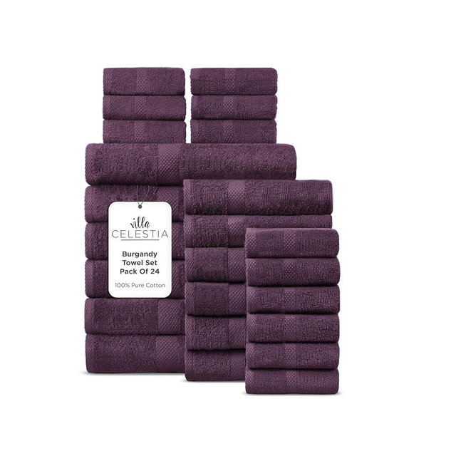 Villa Celestia 100% Cotton Bath Towel Set of 24-6 Bath Towels, 6 Hand Towels, 12 Wash Cloths, Sustainable, Soft, Highly Absorbent, Combed Cotton 24 Piece Set for Hotels, Spa, Bathroom, Dorm, Burgandy
